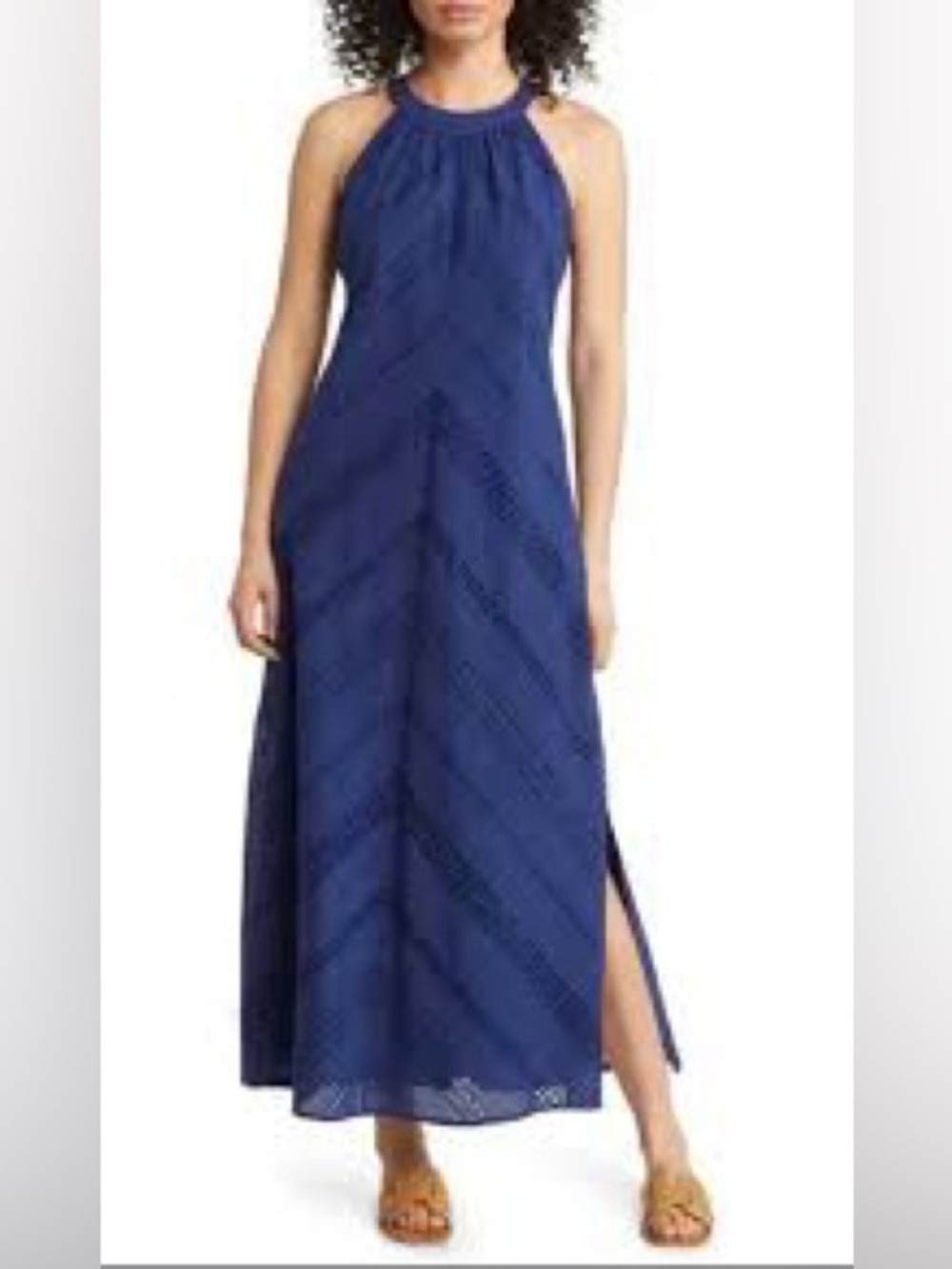 Tommy Bahama Island Diamond Halter Neck Eyelet Navy Maxi Cotton Dress Size XL